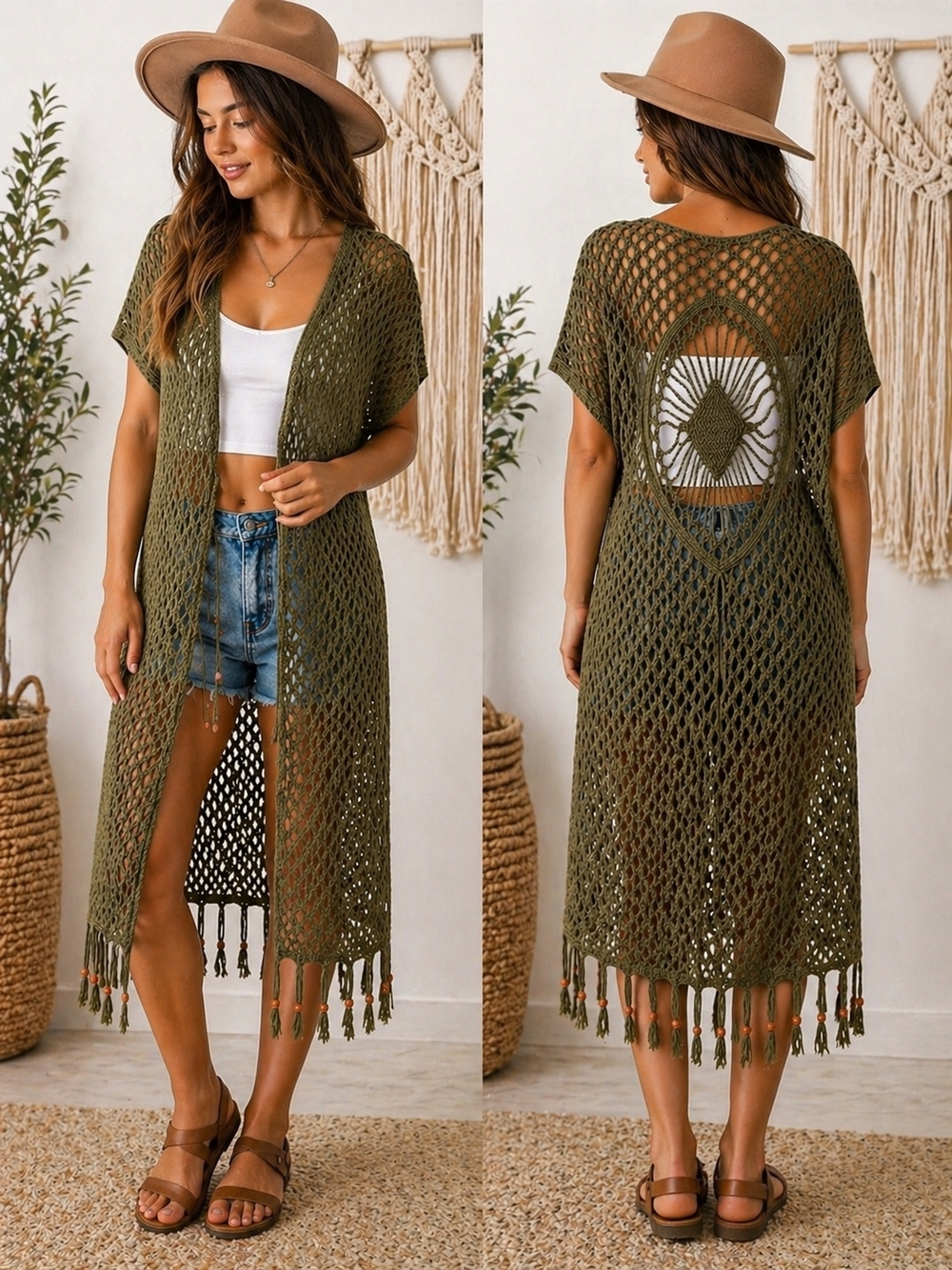 Indigo Thread Co Olive Green Crochet Open Knit Long Duster Bead Hem Festival Lg